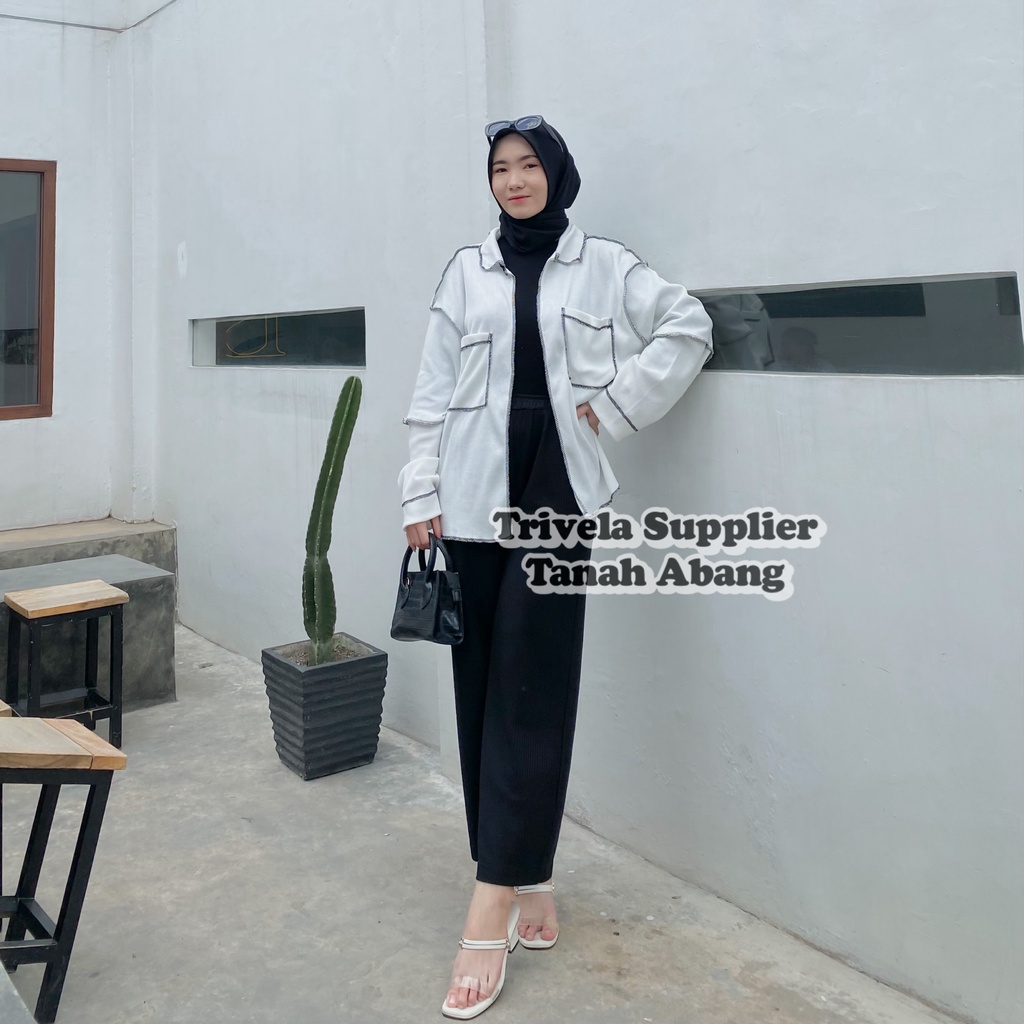 Outer Kemeja Rajut Bolbal Oversized BLACK &amp; WHITE