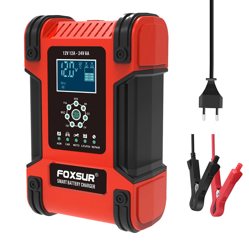 Foxsur Charger Aki Mobil Motor 105W 12-24V 12A 200Ah with LCD - FBC122412D - Red