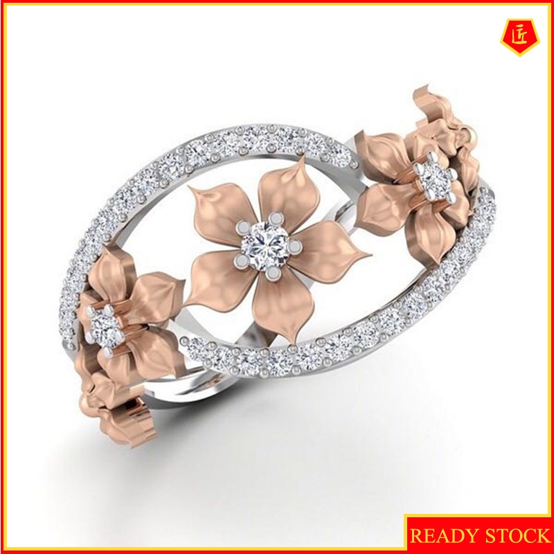 [Ready Stock]Color Separation Ring Female 18K Rose Gold Flower Rhinestone-Embedded Ring