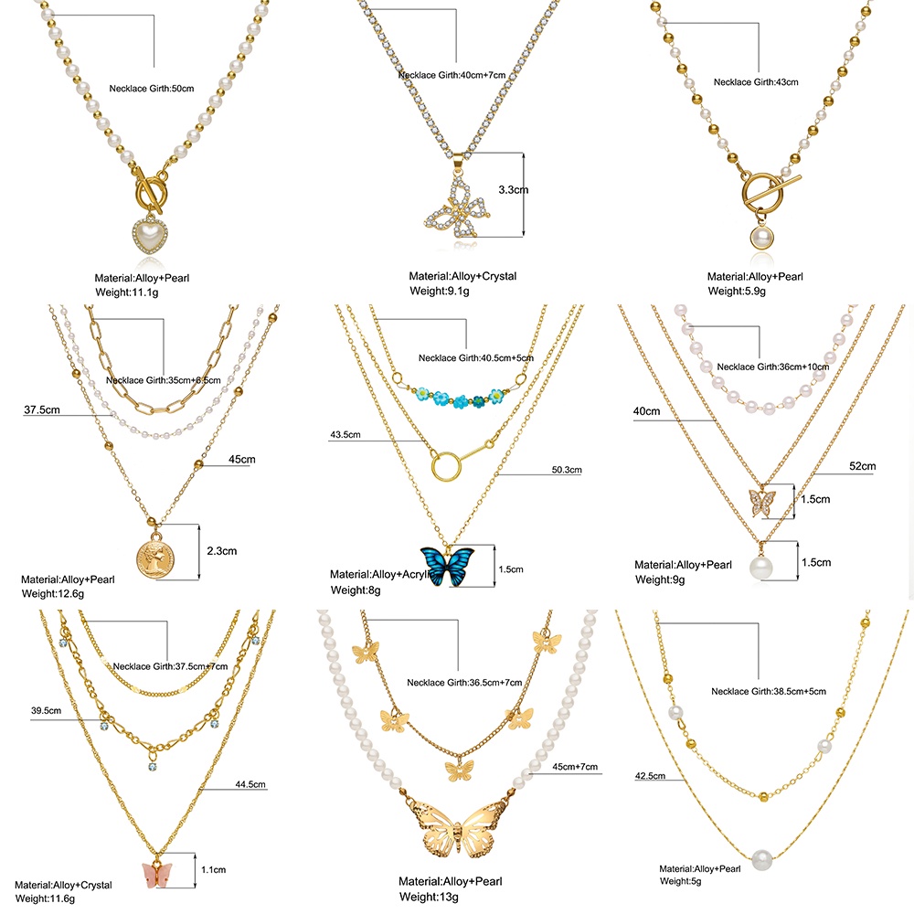 AY(CN) Kalung Choker Rantai Banyak Lapis Dengan Liontin Kupu-Kupu + Mutiara + Kristal Gaya Korea Untuk Wanita