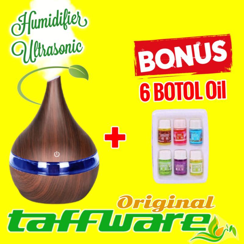 Humidifier Diffuser Aromaterapi Oil LED Aromatherapy Disfuser Ultrasonic Taffware Pelembab Udara-Coklat Tua + 6 oil