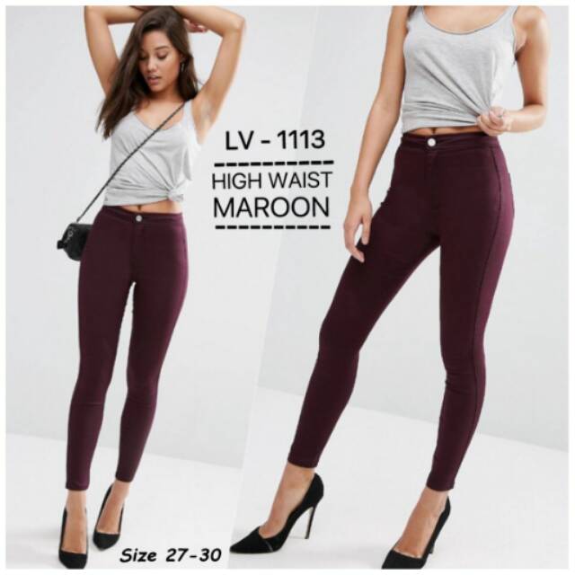 Lv-1113 punny high waist maroon jegging celana panjang wanita hw polos soft jeans stretch skinny