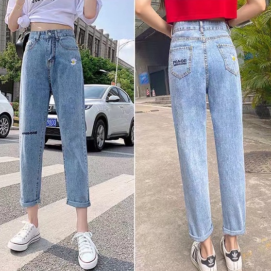 yikoo-Jeans wanita bordir daisy korean style jeans boyfriend celana