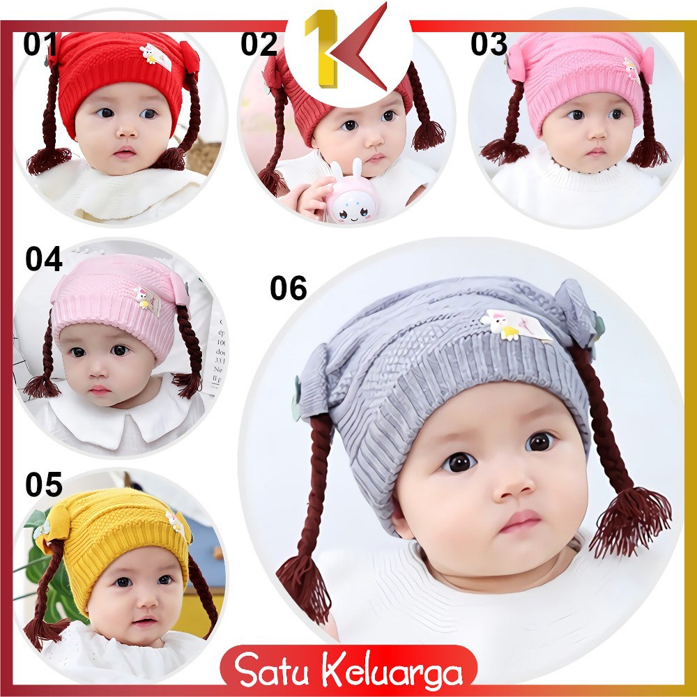 SK-P19-21 Topi Anak Perempuan Rambut Kepang / Topi Bayi Kupluk Rajut Imut Lucu / Baby Hat Wig Impor-PART 01