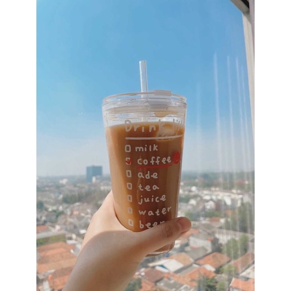 Coffee Tumbrl Glass | LA COULEUR Typography Text Glass Cup with Lid Transparent / Gelas Transaparan dengan Tutup Teks Tulisan Ilustrasi Korea Jepang Bottle Botol Air Aesthetic GELAS MUG KACA / GELAS TUMBLER / gelas  gelas lucu gelas unik tumbler coffee-Coffee tumbler