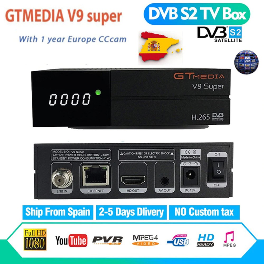 Gratis ongkir DVB-S2 GTMedia V9 Super Satellite TV receiving H.265 Built-in WiFi freeset Spain