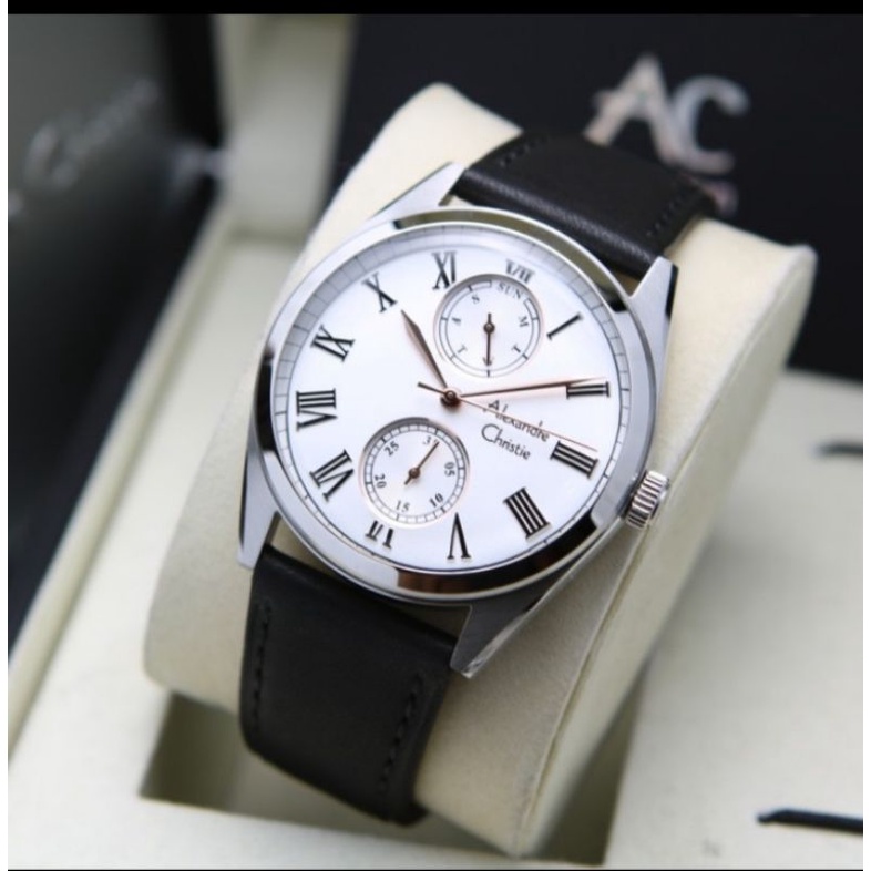 jam tangan Pria Alexandre Christie original ac 6578 silver tali kulit hitam
