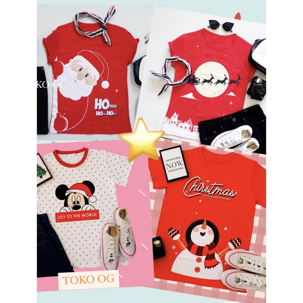 Kaos natal santa mickey merah tema christmas unisex wanita pria all size regular