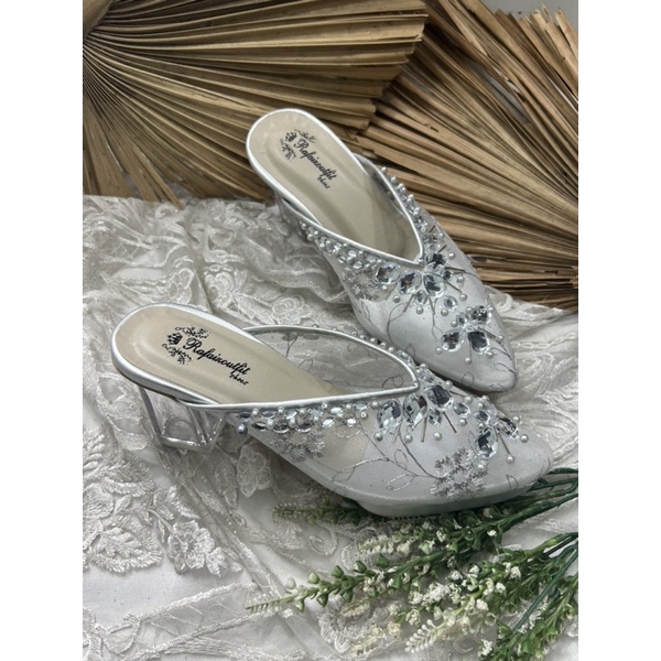 sepatu wanita wedding Nakita silver 7cm kaca