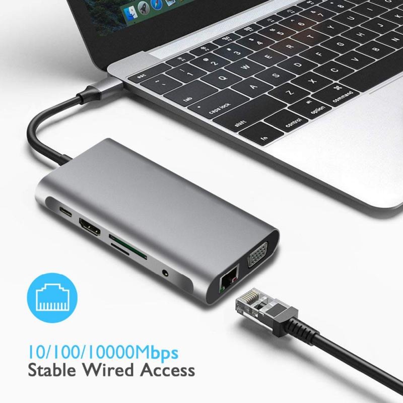 EASYIDEA Portable USB Type C Hub 10 in 1 HDMI + VGA + USB 3.0 + RJ45 + Card Reader + PD Charging - HB3004 - Gray