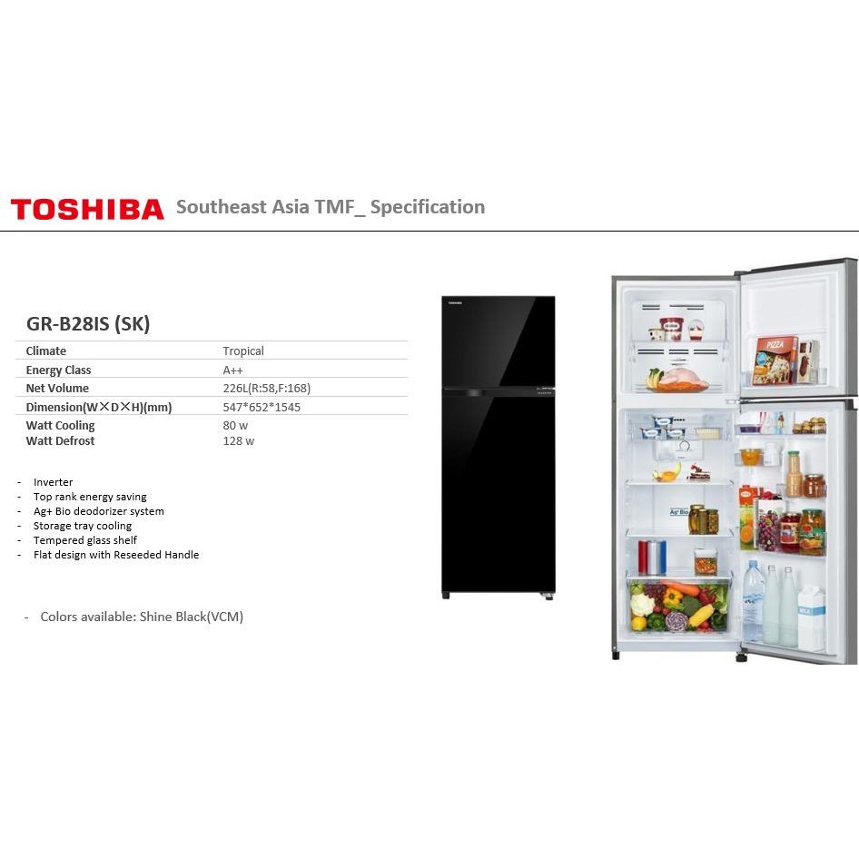 TOSHIBA GR-B 28 IS SK BLACK - LEMARI ES 2 PINTU 226 L INVERTER / GRB28ISSK