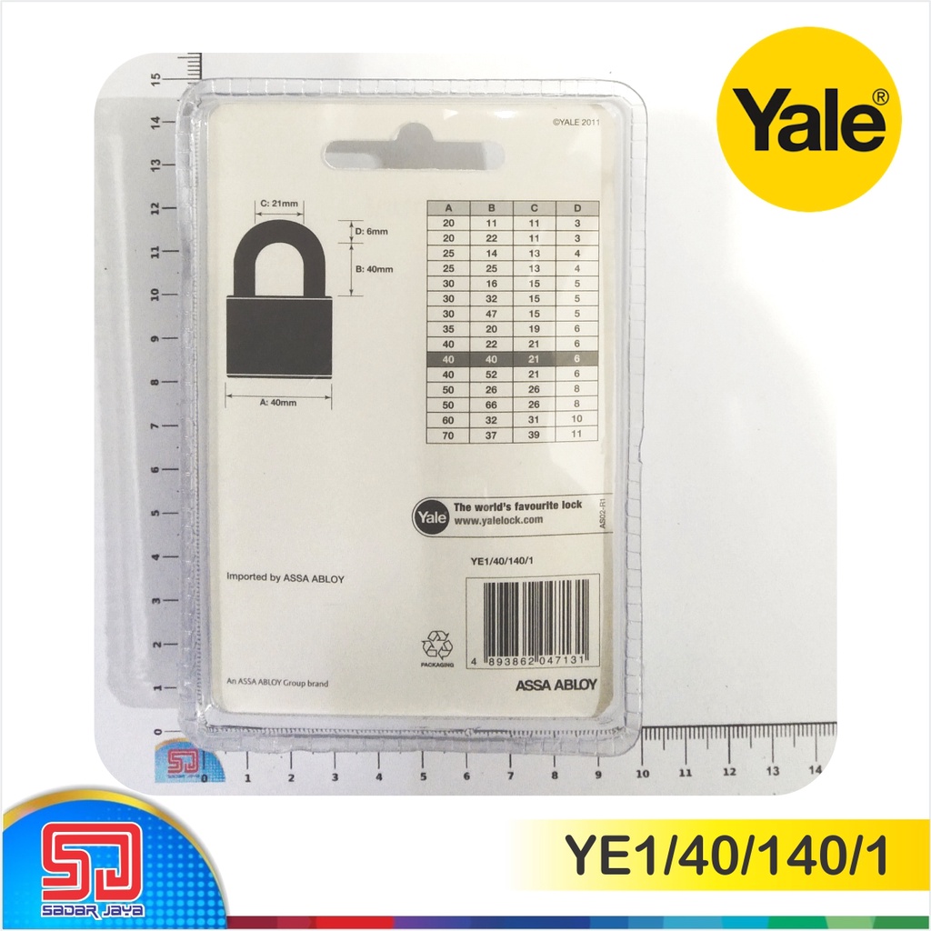 Yale YE1/40/140/1 Gembok 40mm Kuningan Leher 40 mm Padlock Brass Material Hardened Steel