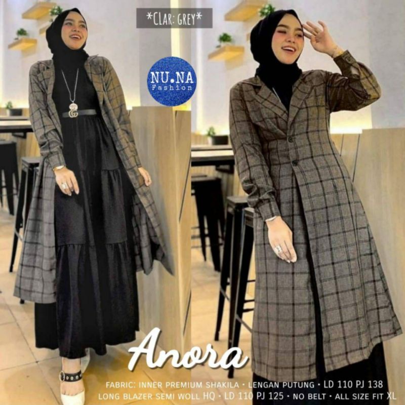 Anora set inner dress kutung outer long blazer kotak kotak LD 110 xl