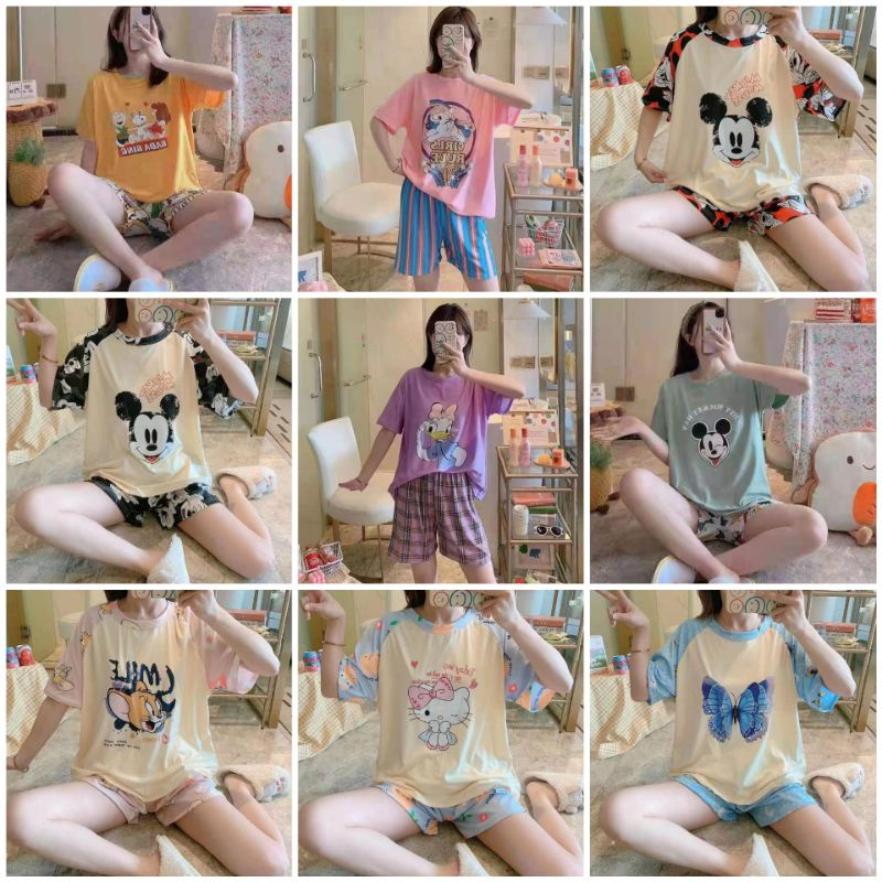 Baju tidur stelan kaos hotpants piyama wanita import