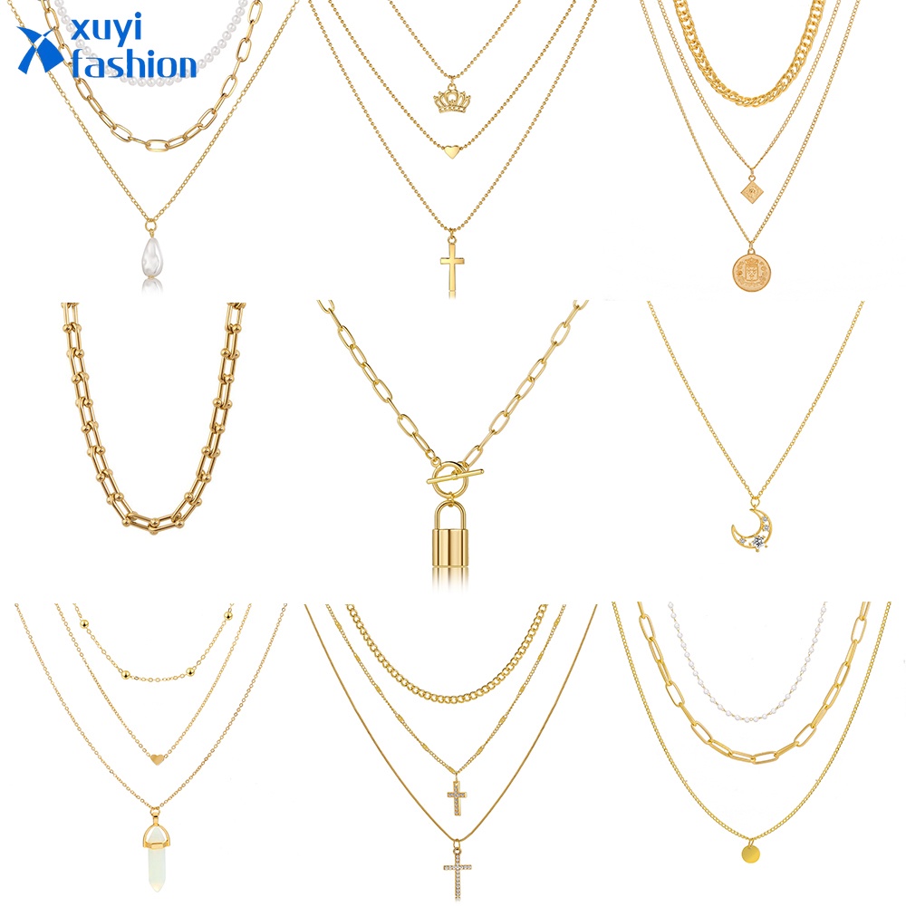 Kalung Choker Multilayer Warna Emas Untuk Wanita