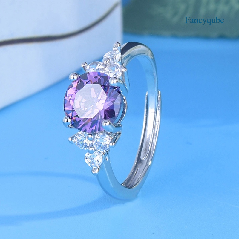 Cincin Silver Hias Cubic Zircon Ungu Gaya Romantisminimalis Berkilau Untuk Wanita