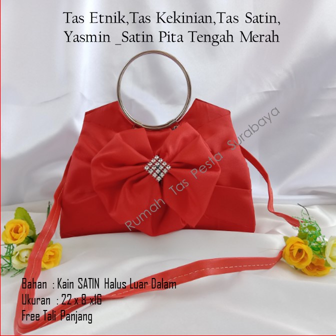 Tas Etnik,Tas Kekinian,Tas Satin,Yasmin _Satin Pita Tengah Merah