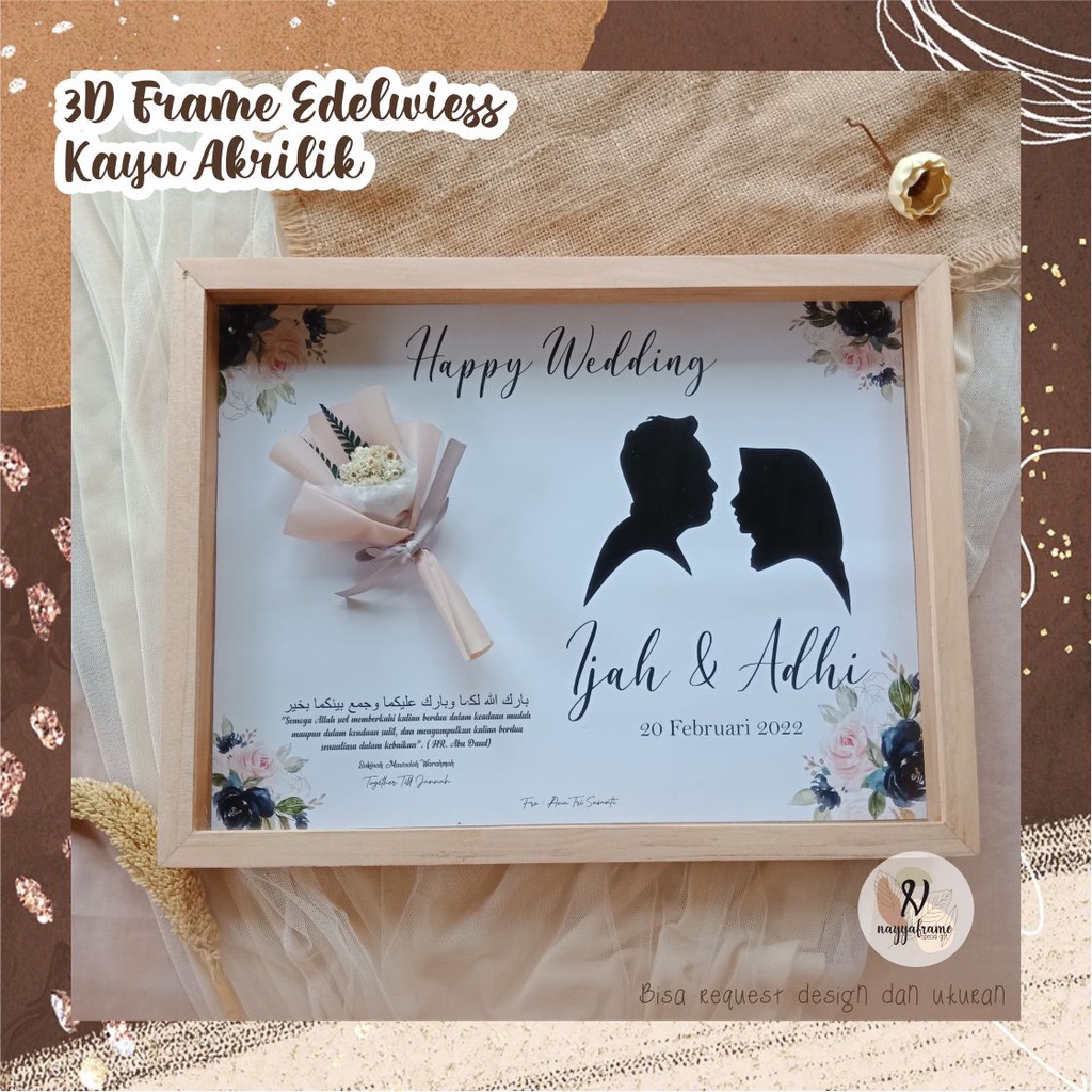 3D frame 21x30 cm Kayu Akrilik/ KADO FRAME 3D/ edelwiess in frame / pigura 3d kayu/KADO wedding wisu