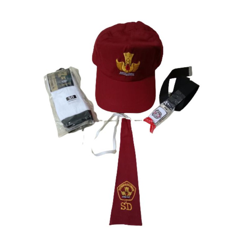 TOPI SD MERAH POLOS PLUS DASI CEWEK GESPER SD DAN KAOS KAKI SD