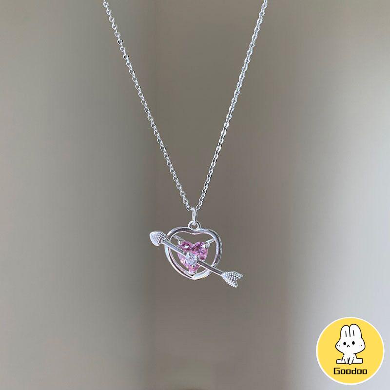 Perhiasan Kalung Korea Bentuk Panah Hati Aksen Berlian Warna Pink Untuk Hadiah Ulang Tahun Aksesoris untuk wanita-Doo