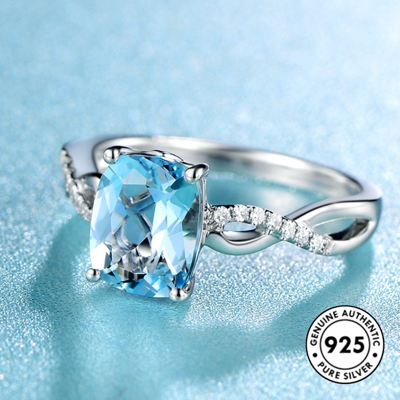 Cincin Sterling Silver 925 Hias Batu Aquamarine Elegan Untuk Wanita