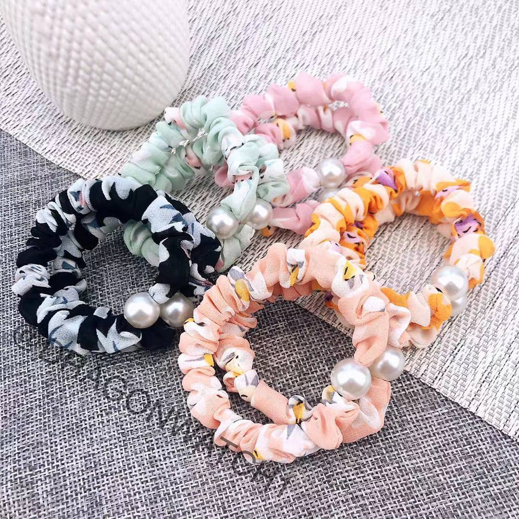 [Fashion Wanita]Ikat rambut mutiara sifon elastis donat kecil gaya korea cincin rambut kualitas T008