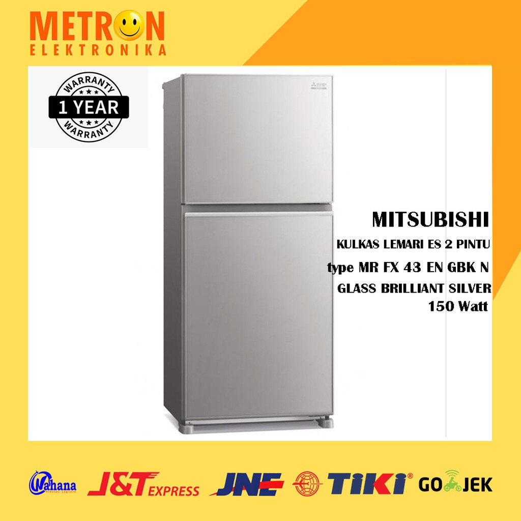 MITSUBISHI MR FX 43 EN GSL N / GLASS BRILLIANT SILVER KULKAS LEMARI ES 2 PINTU 389 LTR MRFX43ENGSLN