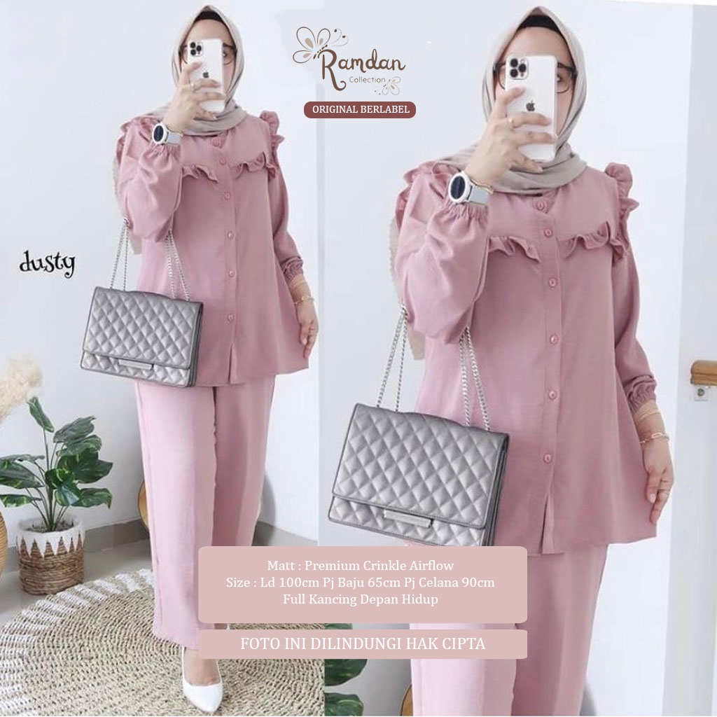 Ramdan Collection A043 | Milly One Set Matt Crinkle Airflow Setelan Wanita Kekinian Tunik + Celana Import Fashion Muslim Jumbo OOTD Baju Wanita OOTD Atasan Premium Terbaru Anak Perempuan Long Murahan Kondangan Hitam Long Tunik Busui Friendly