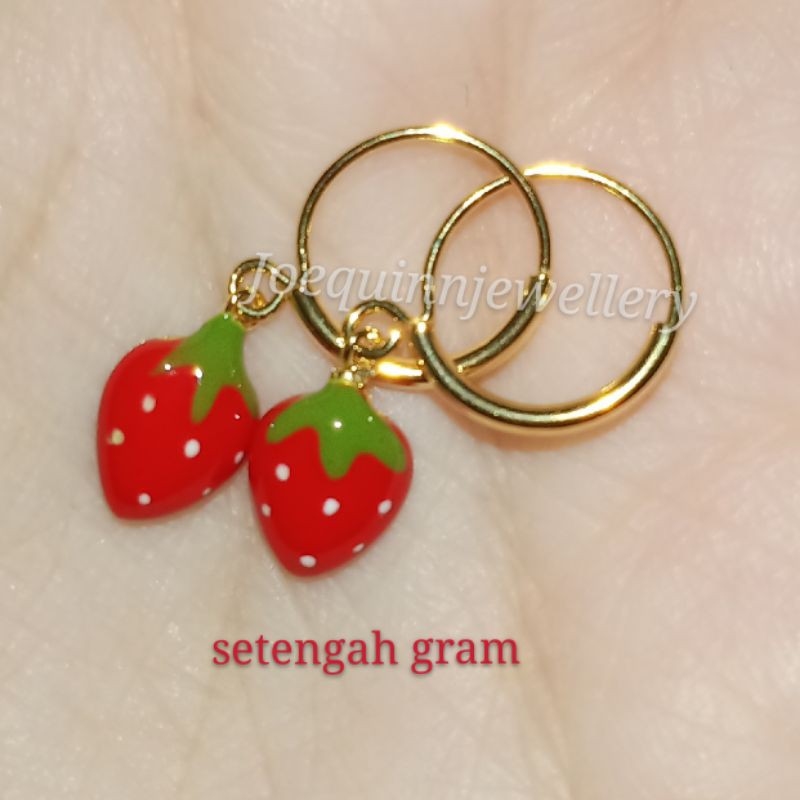 anting stroberi red pengait bulet emas muda