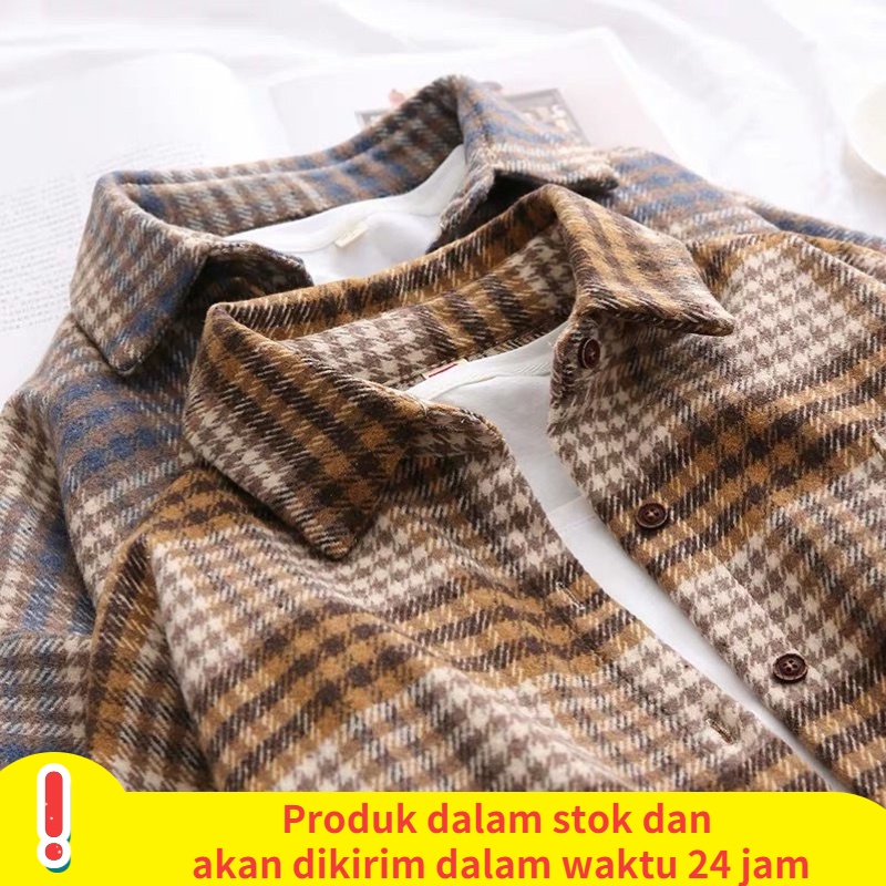 Baju Kemeja Wanita Polos Casual Putih Hitam Wanita Lengan Panjang Moscrepe Blouse Kotak-Kotak Baju K