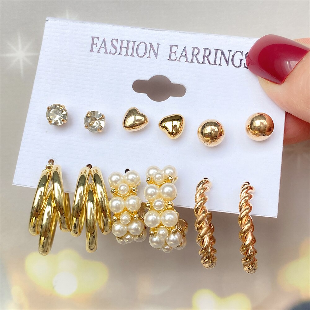 10pcs/set Pearl Metal Drop Earrings Set Fashion Women's Acrylic  Korean Geometric Twisted Metal Round Dangle Earrings Jewelry Party Gift