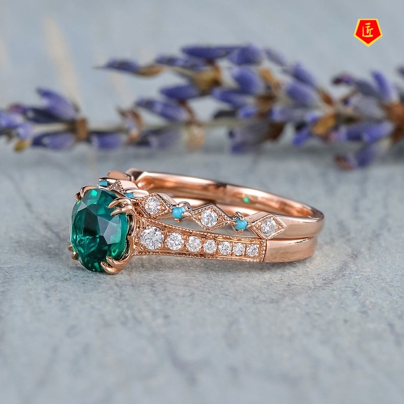 [Ready Stock]New Inlaid Emerald Ring 14K Rose Gold Elegant Graceful