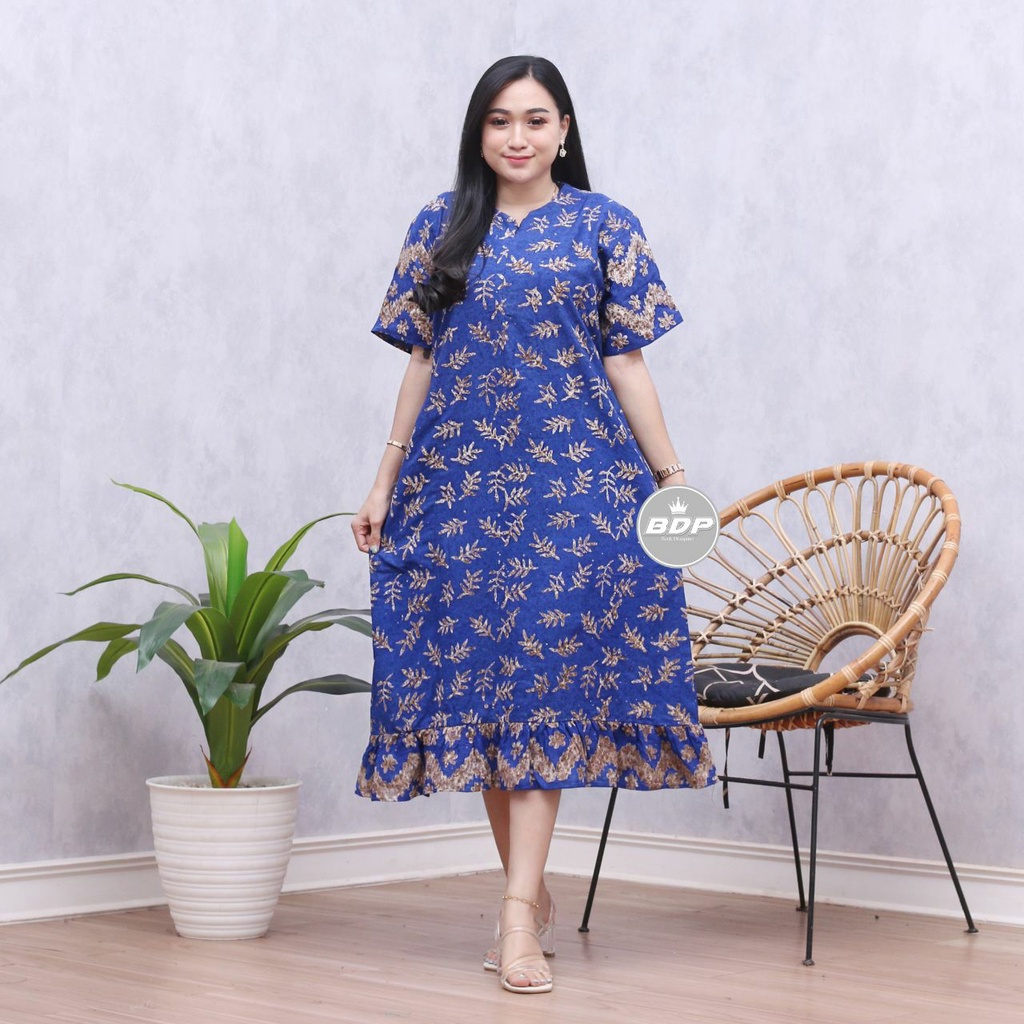 Dianputri - Daster Maura Batik Cap Rayon Grade A Motif Terbaru Busui Resleting Depan - Baju Tidur Daster Kekinian-rintik biru