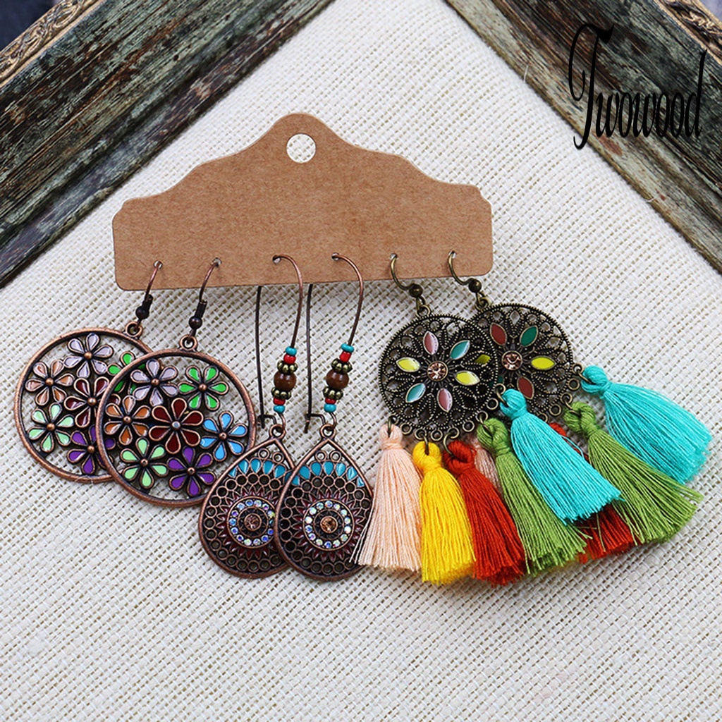 3 Pasang / Set Anting Rumbai Menjuntai Bahan Alloy Gaya Bohemian Untuk Wanita