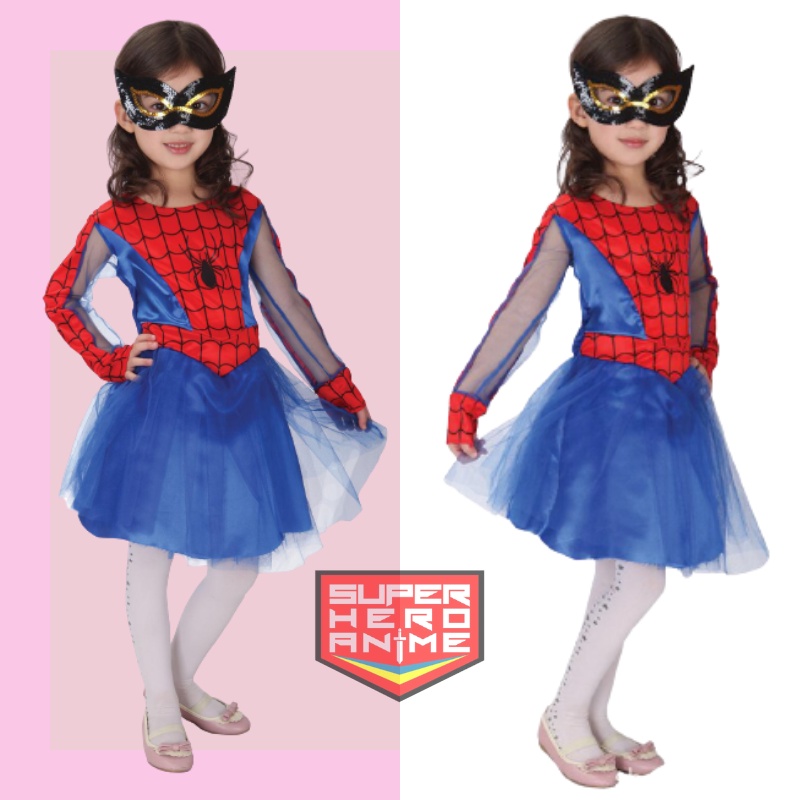 Kostum Superhero Anak Spidergirl Baju Dress Tutu Perempuan Topeng Spider Import