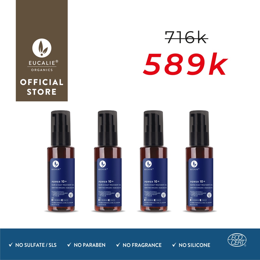 Eucalie Organic Hair Growth Oil & Scalp Treatment - Power 10+ (Rontok, Rusak, Ketombe, Sensitif)-BUY 4, SAVE MORE