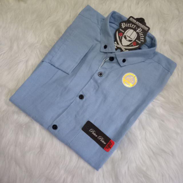 kemeja cowok polos lengan panjang slimfit hem pria kantor hitam navy putih maron army-Kemeja panjang Biru