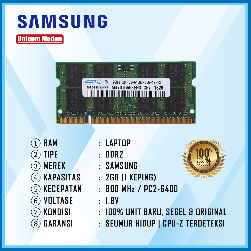 RAM LAPTOP DDR2 2GB 800MHZ PC2-6400 SAMSUNG