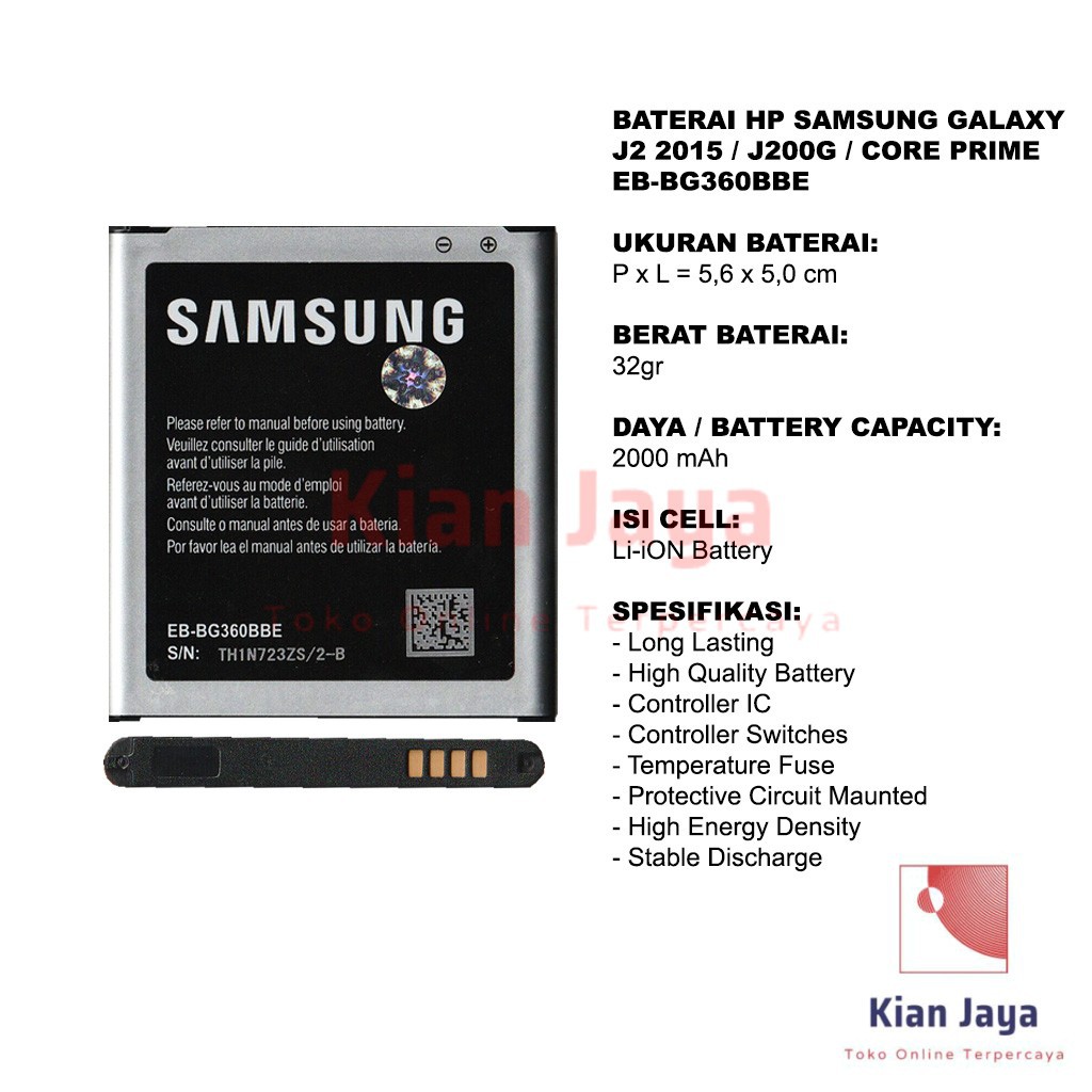 [Garansi 100% Ori] Baterai Galaxy J2 2015 / SM-J200G, SM-J200F, EB-BG360BBE Batre Battery Batrai Hp J200G, G360, J200, Core Prime, J2 2017 Original