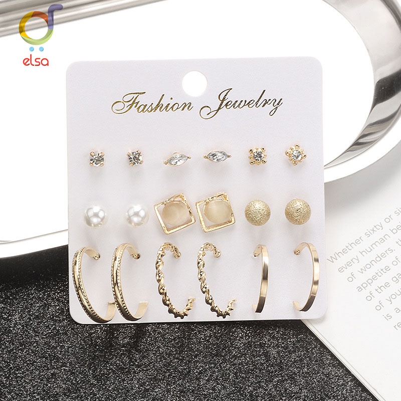 Elsa 9Pcs / Set Anting Wanita Tusuk Bentuk Bulat Hias Kristal Mutiara untuk Women Earrings-4