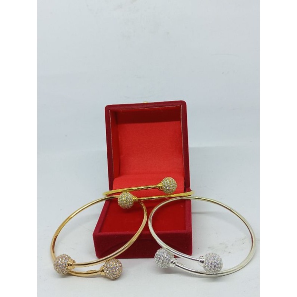 GELANG PERAK 925 ASLI LAPIS EMAS/GELANG BANGLE TINJU/DISCOBALL MATA PUTIH/ASLI SILVER 925/PERHIASAN 