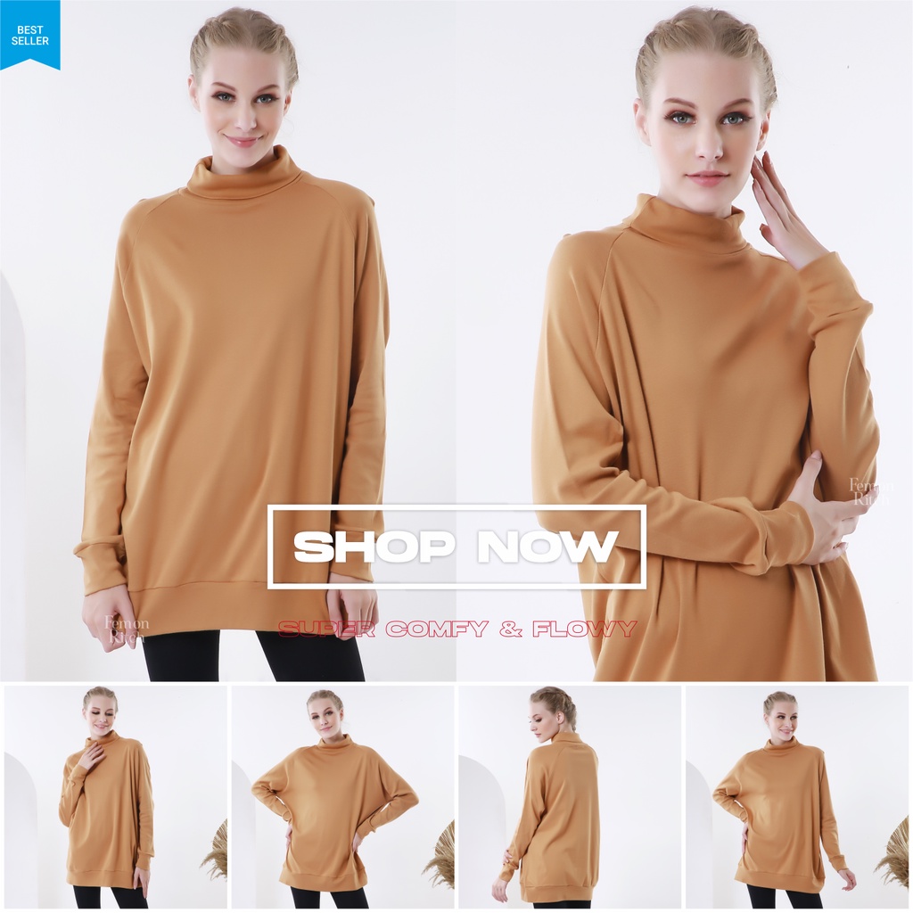 Turtleneck Wanita Oversize Rib Knit Cotton Jumbo Femon Ritch