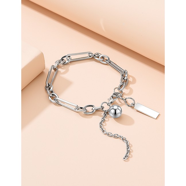 LRC Gelang Tangan Fashion Silver Rectangle Round Beads Thick Chain Alloy Bracelet K91759