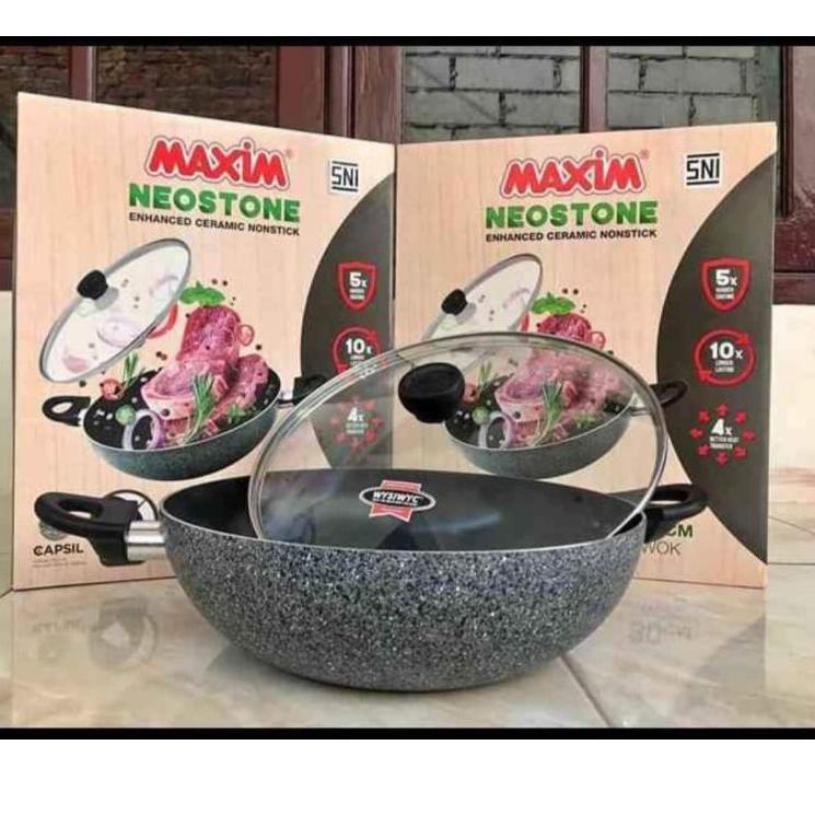 WAJAN MAXIM TUTUP KACA NEOSTONE WOK 30 cm + GC / WAJAN CERAMIK MAXIM