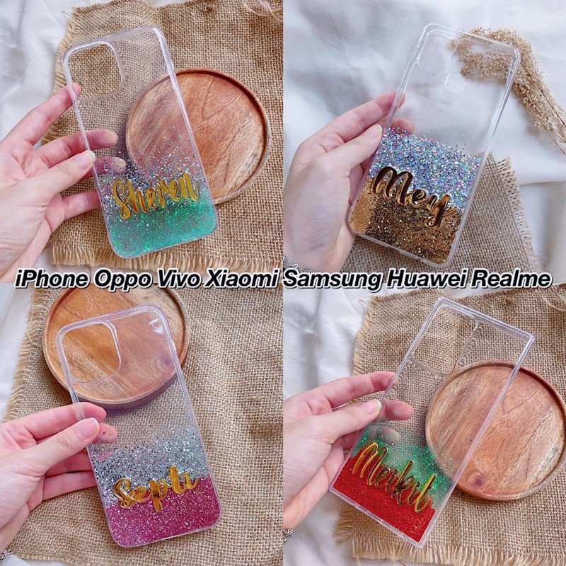 PREMIUM ALL PHONE TYPES!! Custom Case Nama with Gold Plate Name (BISA REQUEST WARNA GLITTER)