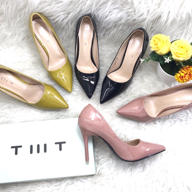 TmT High Heels Glossy 558-E / Tinggi 9 cm Sepatu Kantor Kerja Wanita Import Sepatu Hitam Black Yello