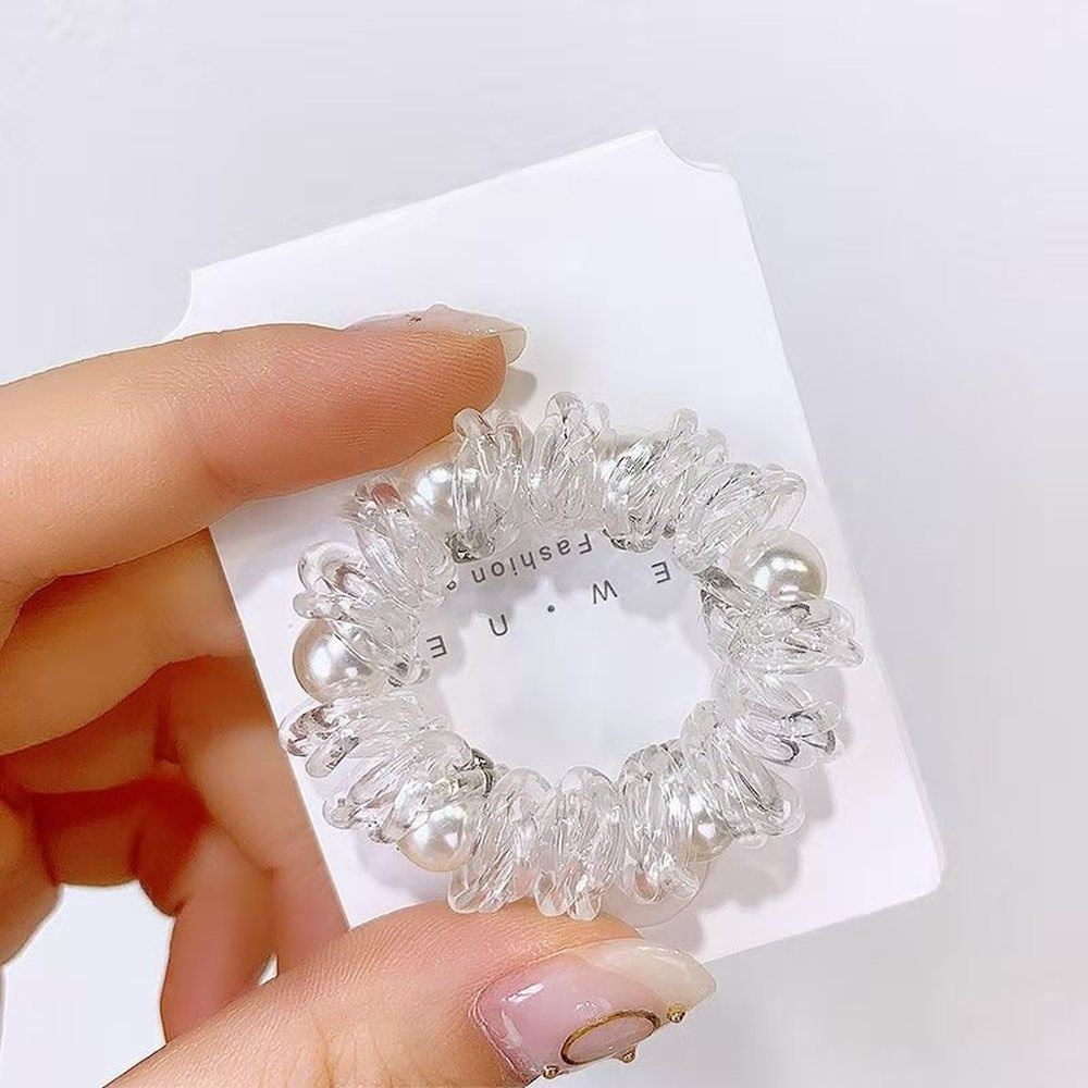 Telephone Line Hair Ring Female Seamless Pearl Head Rope Transparent Thick Hair Rope Does Not Hurt The Hair Ball Head Rubber Band Hair Accessories Wholesale