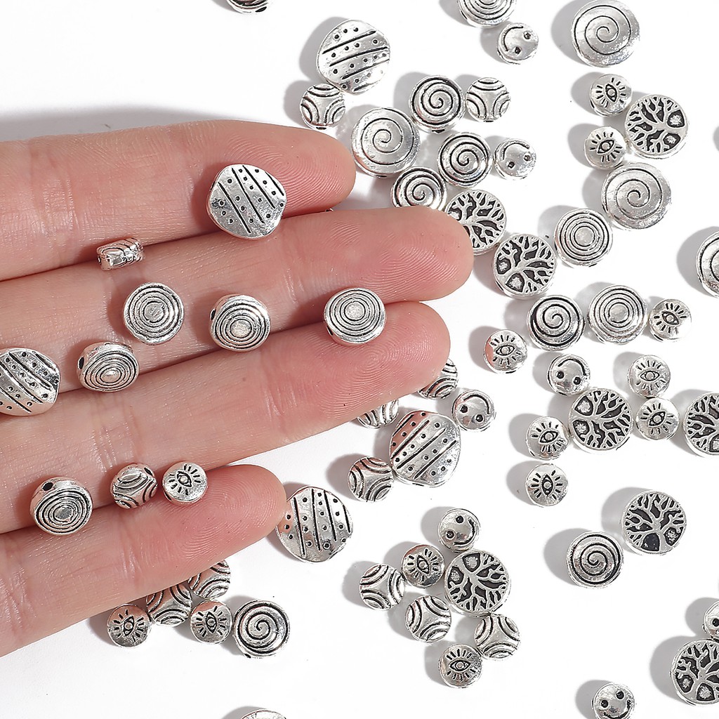 Antique Silver Alloy  flat round bead Shape Sided for DIY Bracelet Jewelry Making Findings