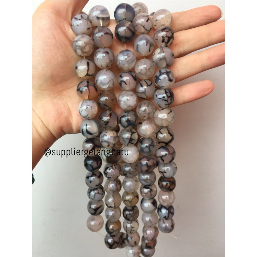 batu gelang kalung 16mm RHODOLITE glossy Dalmantion black white natura aksesoris fashion kerajinan