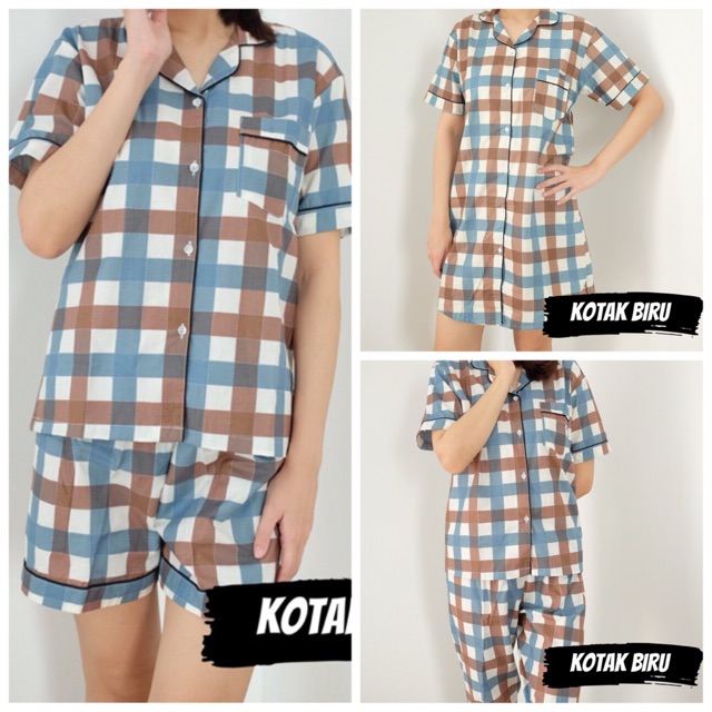 PIYAMA WANITA MOTIF KOTAK SALUR / PAJAMAS Biru Pink Merah Baju Tidur / BAJU TIDUR Wanita / EAGLE